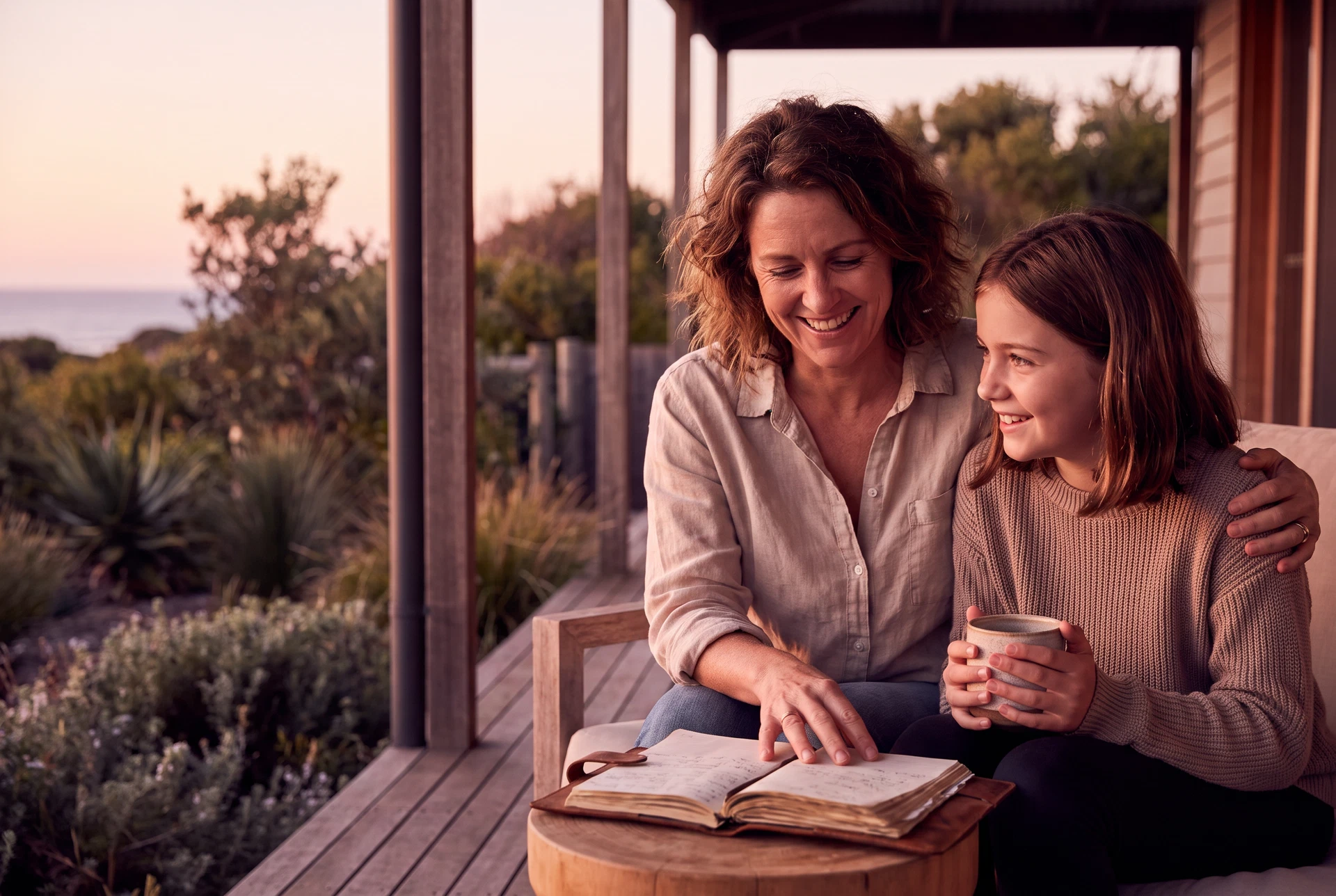 A parent and teenage daughter sharing a warm, unhurried moment together