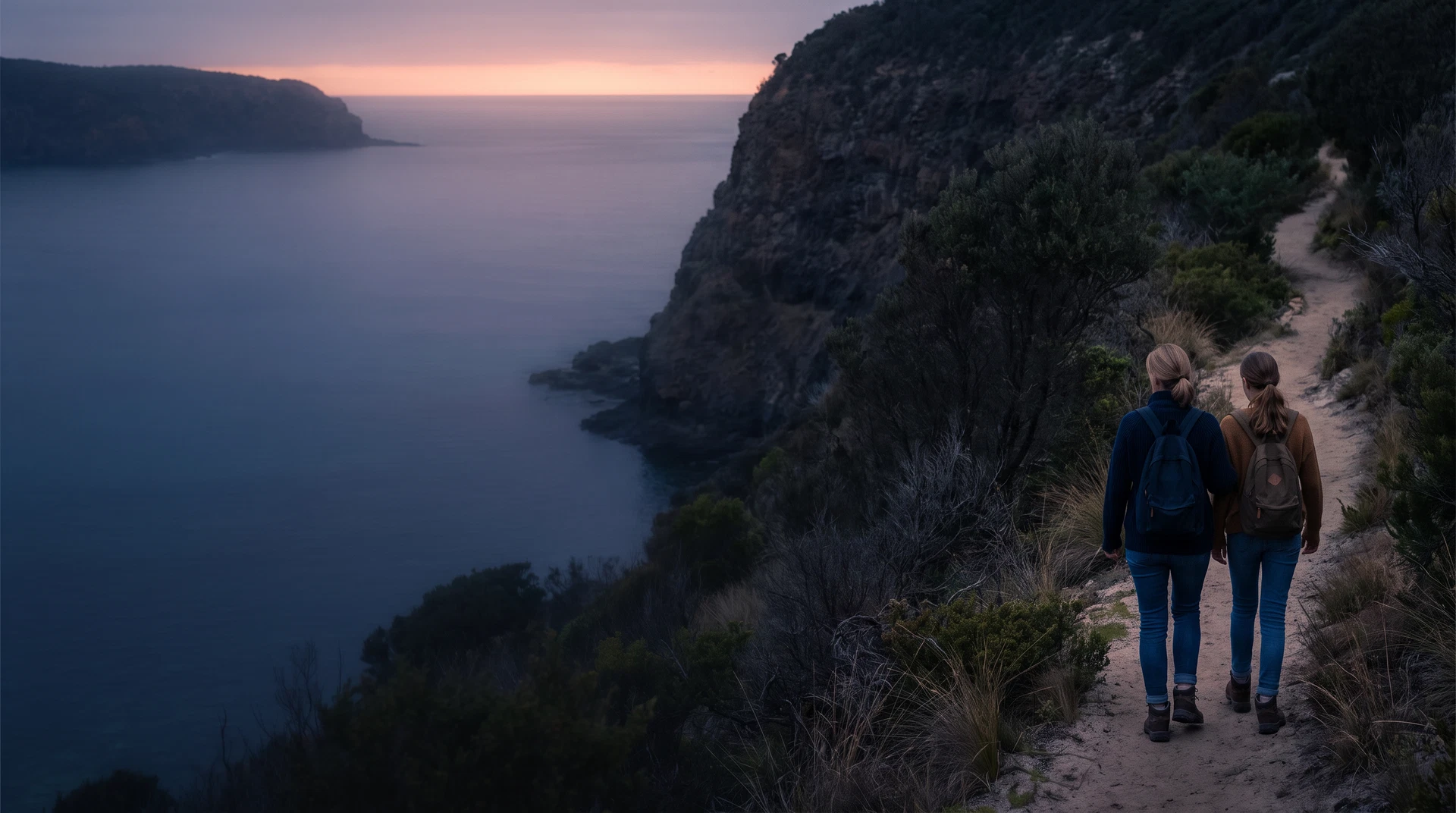A parent and daughter walking together by the coast