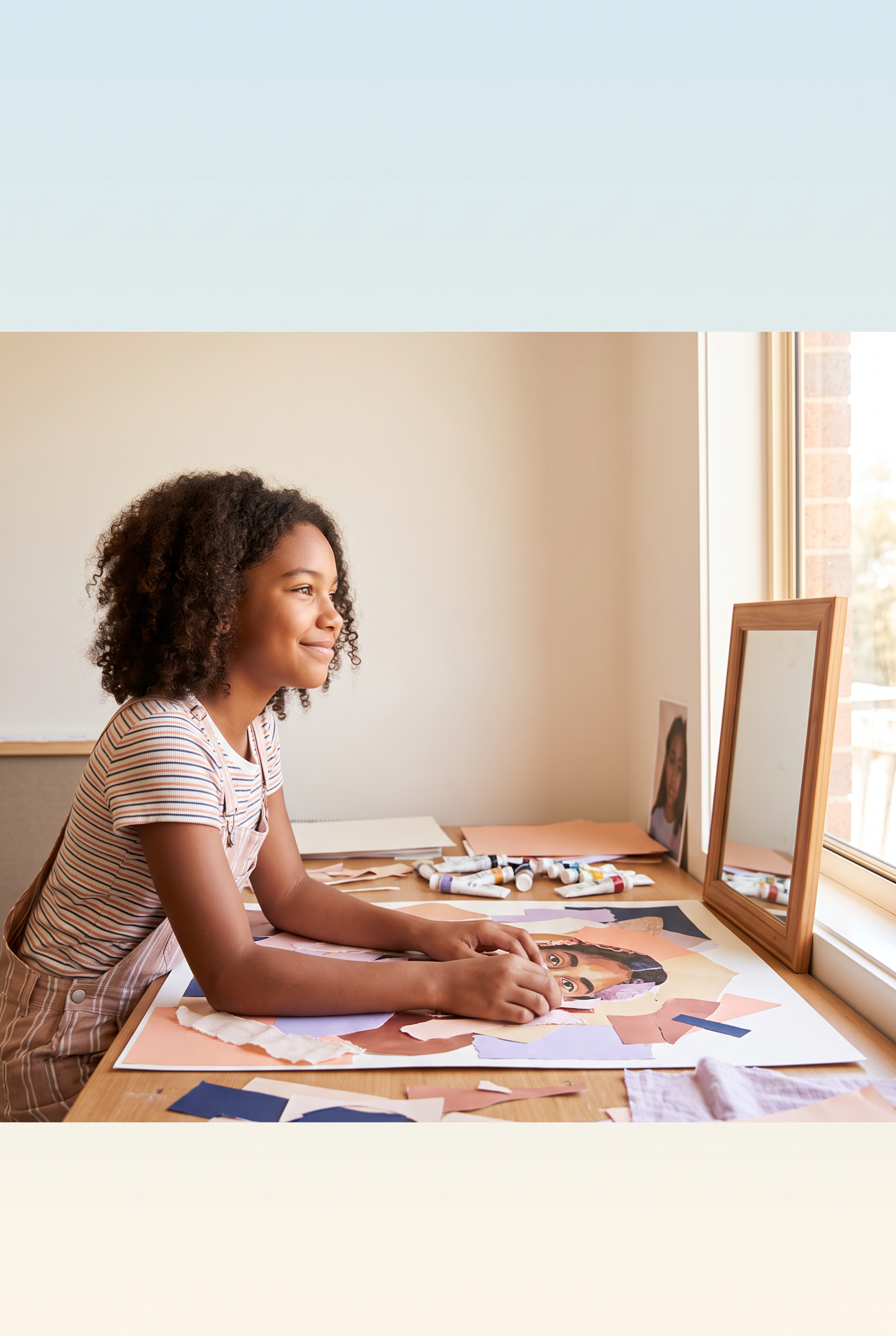 Curriculum context: A place to pause, make, and see her own perspective. Ignite gives her practical language for the moments that are starting to feel bigger, while keeping the next step manageable and her own. A younger teen working on a self-portrait in a bright art studio